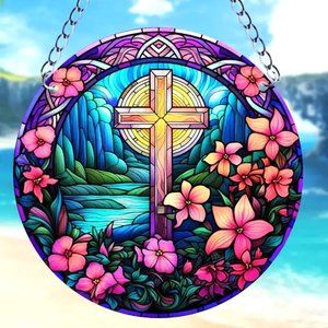 Suncatcher Holy Cross Flowers Hanging Wall Window Colorful In/Outdoor Religious